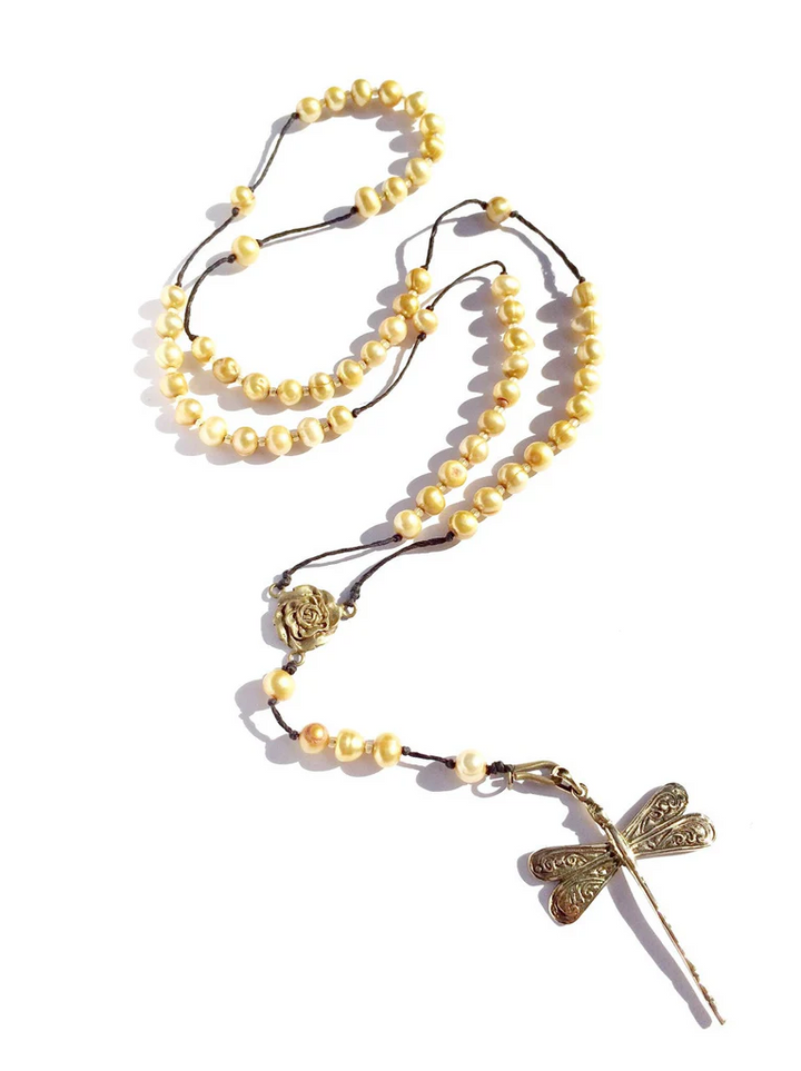 golden pearl rosary beads, brass dragonfly Necklace