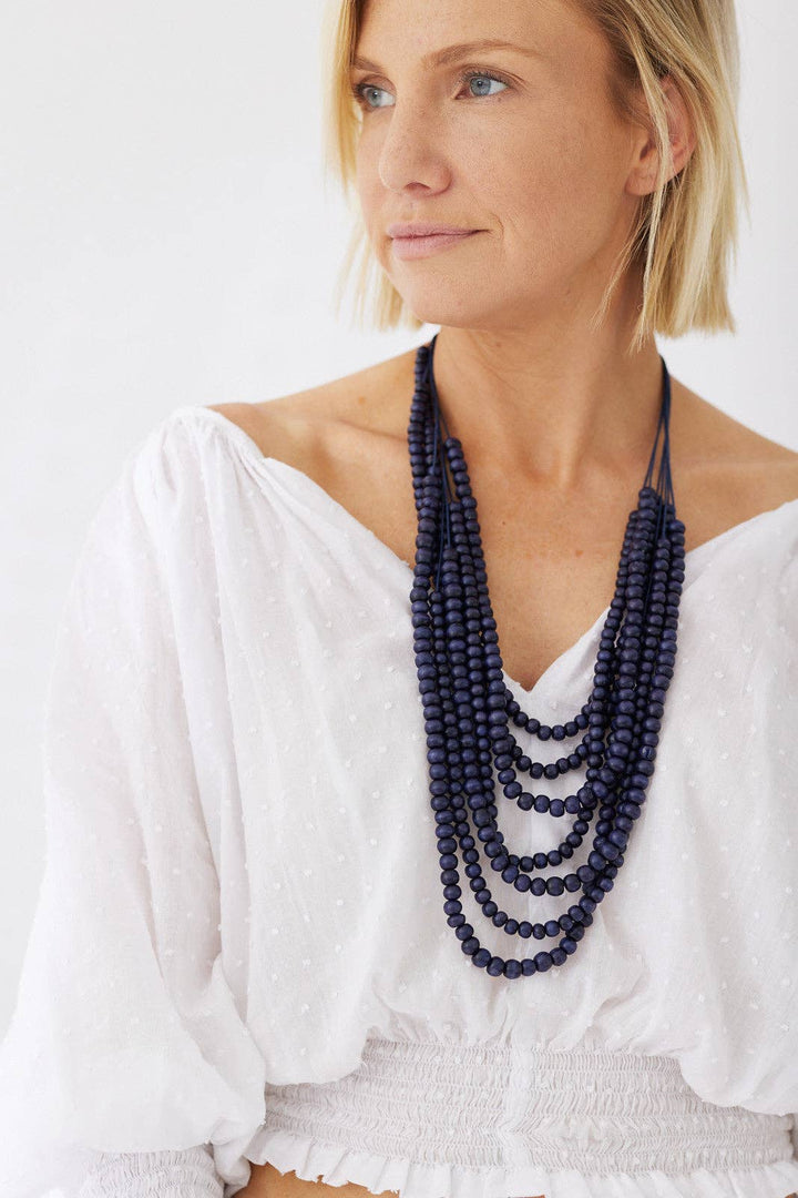 Timber Bead Necklace - Waimea - Indigo