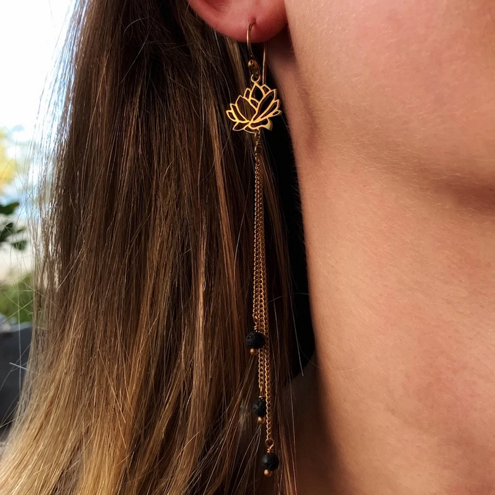 Lotus Earrings brass chain & Lava Stone