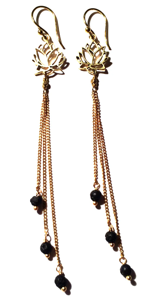 Lotus Earrings brass chain & Lava Stone