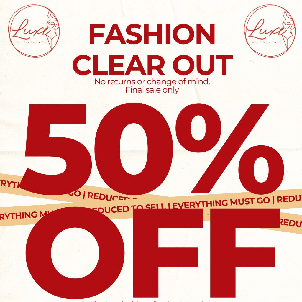 Fashion clearout sale advertisement with 50% off text and Luxe branding.