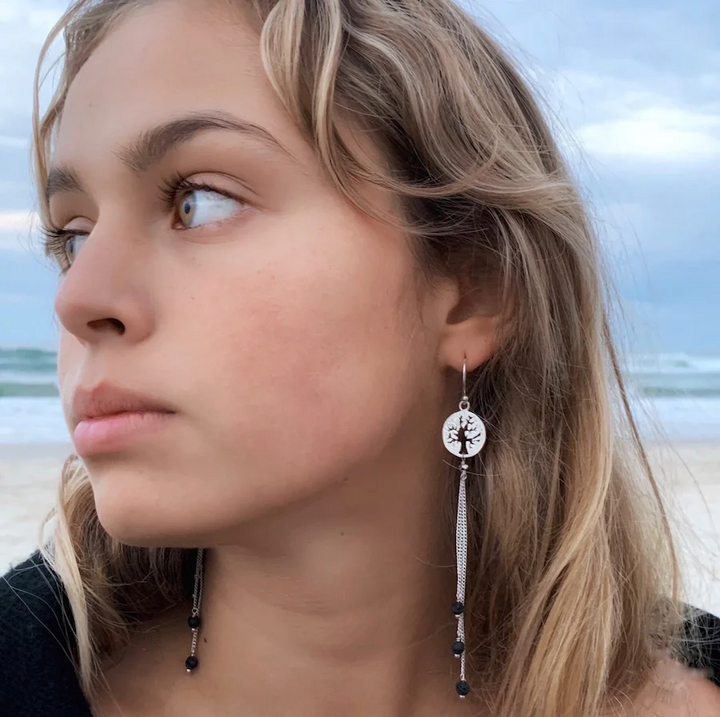 Tree of life Earrings silver chain & Lava Stone