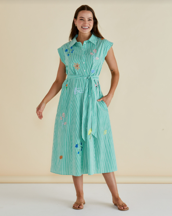Gloria Floral Dress | Floral Green Stripe