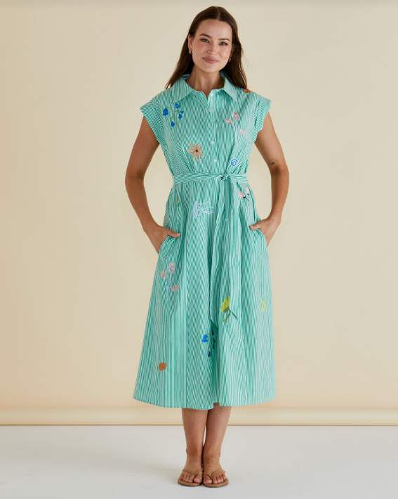 Gloria Floral Dress | Floral Green Stripe