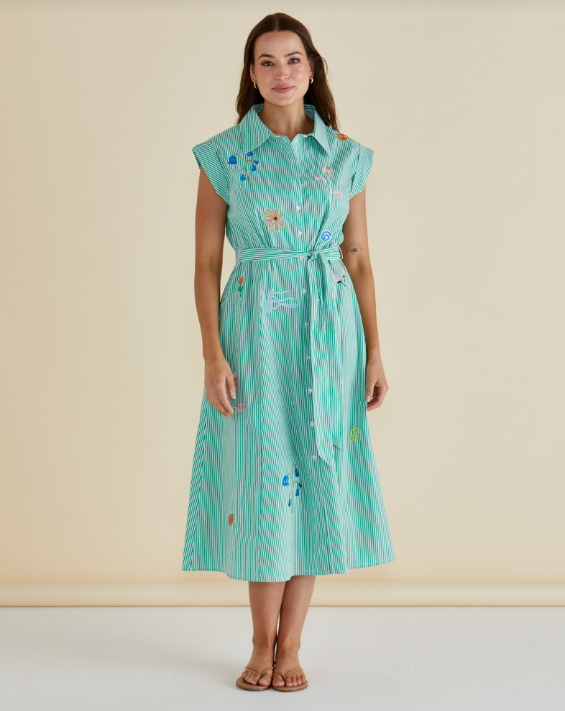 Gloria Floral Dress | Floral Green Stripe