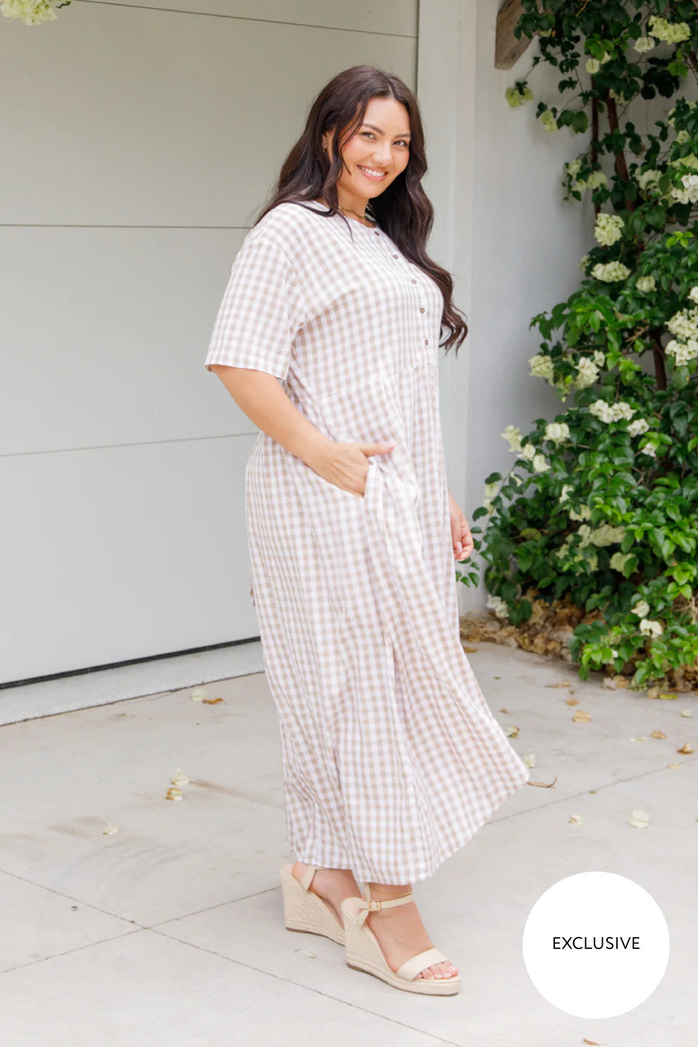 Maia Dress | Beige/White Gingham