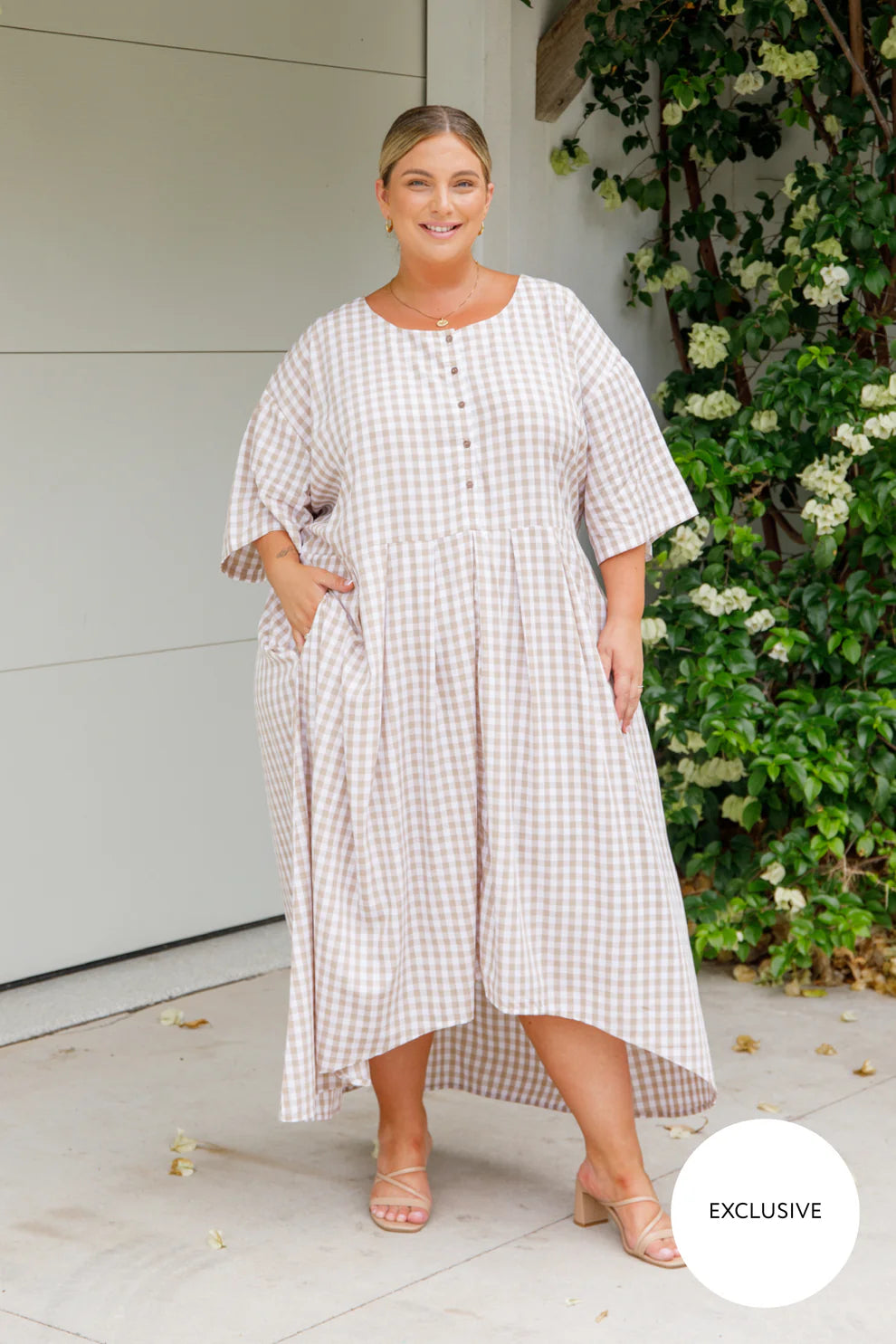 Maia Dress | Beige/White Gingham