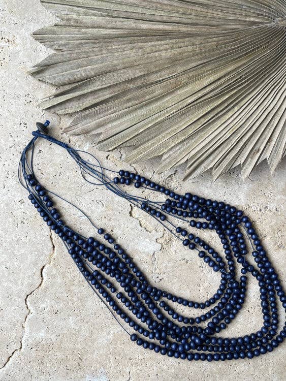 Timber Bead Necklace - Waimea - Indigo