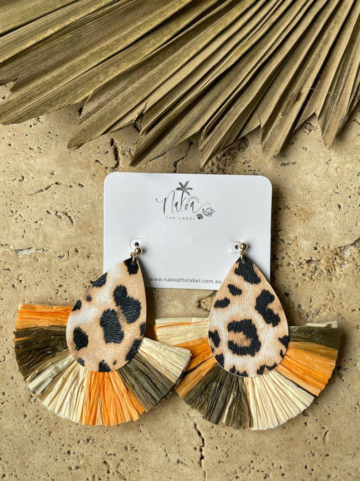 Barcelona Raffia Fringe Earrings - Leopard