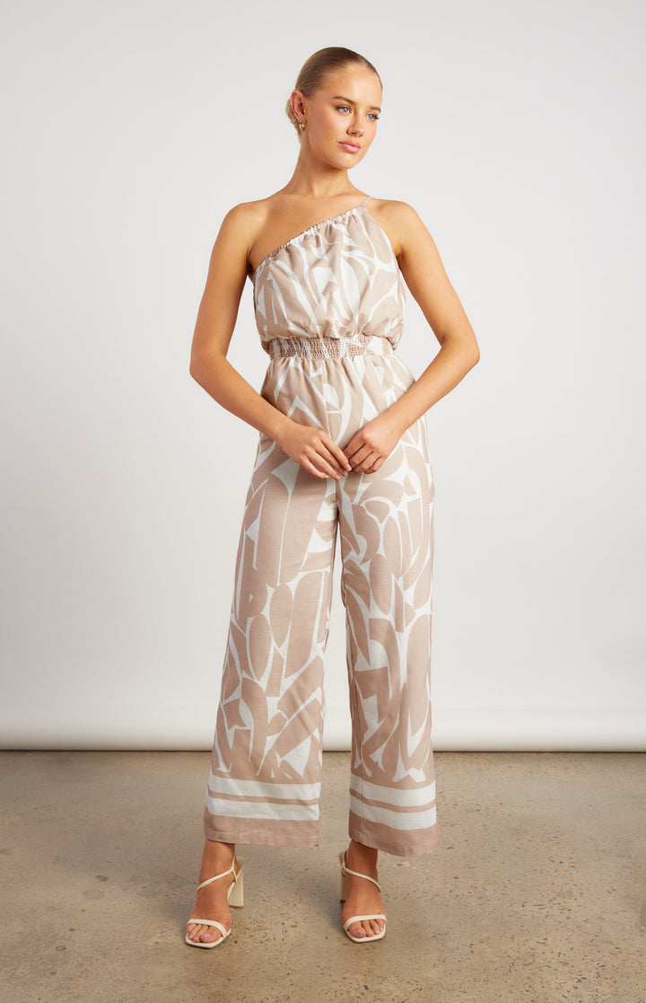 Jumpsuit with Shirred Waist in Beige