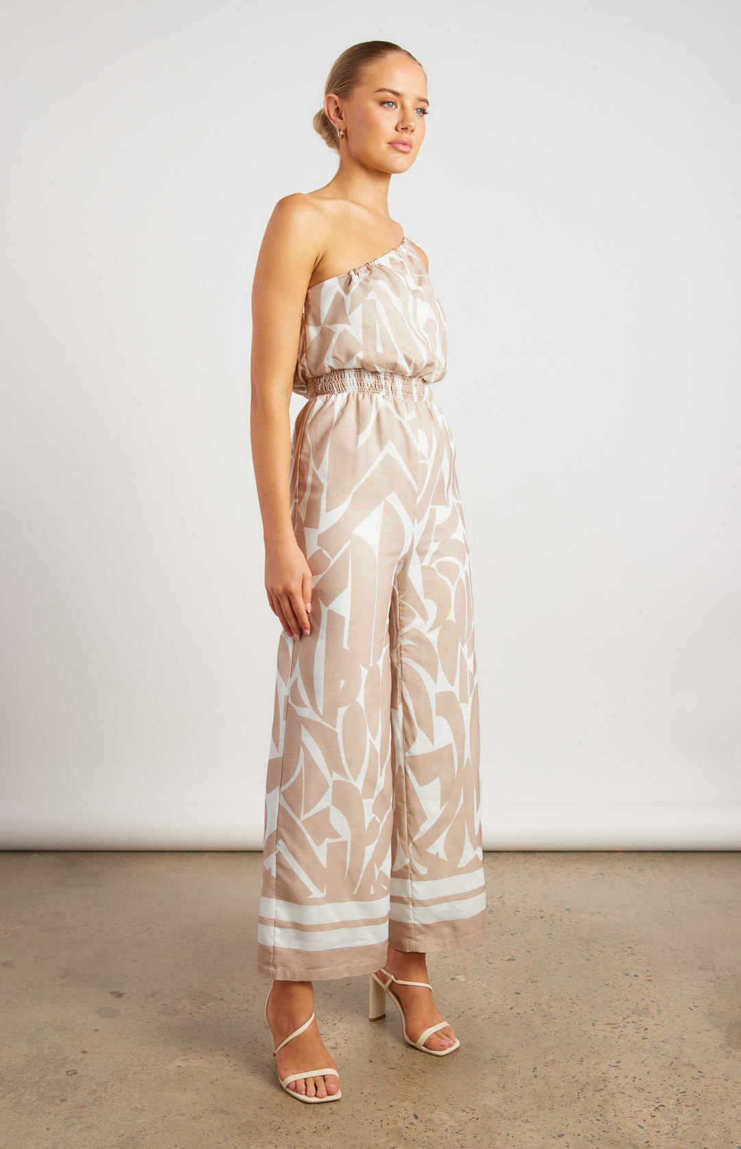 Jumpsuit with Shirred Waist in Beige