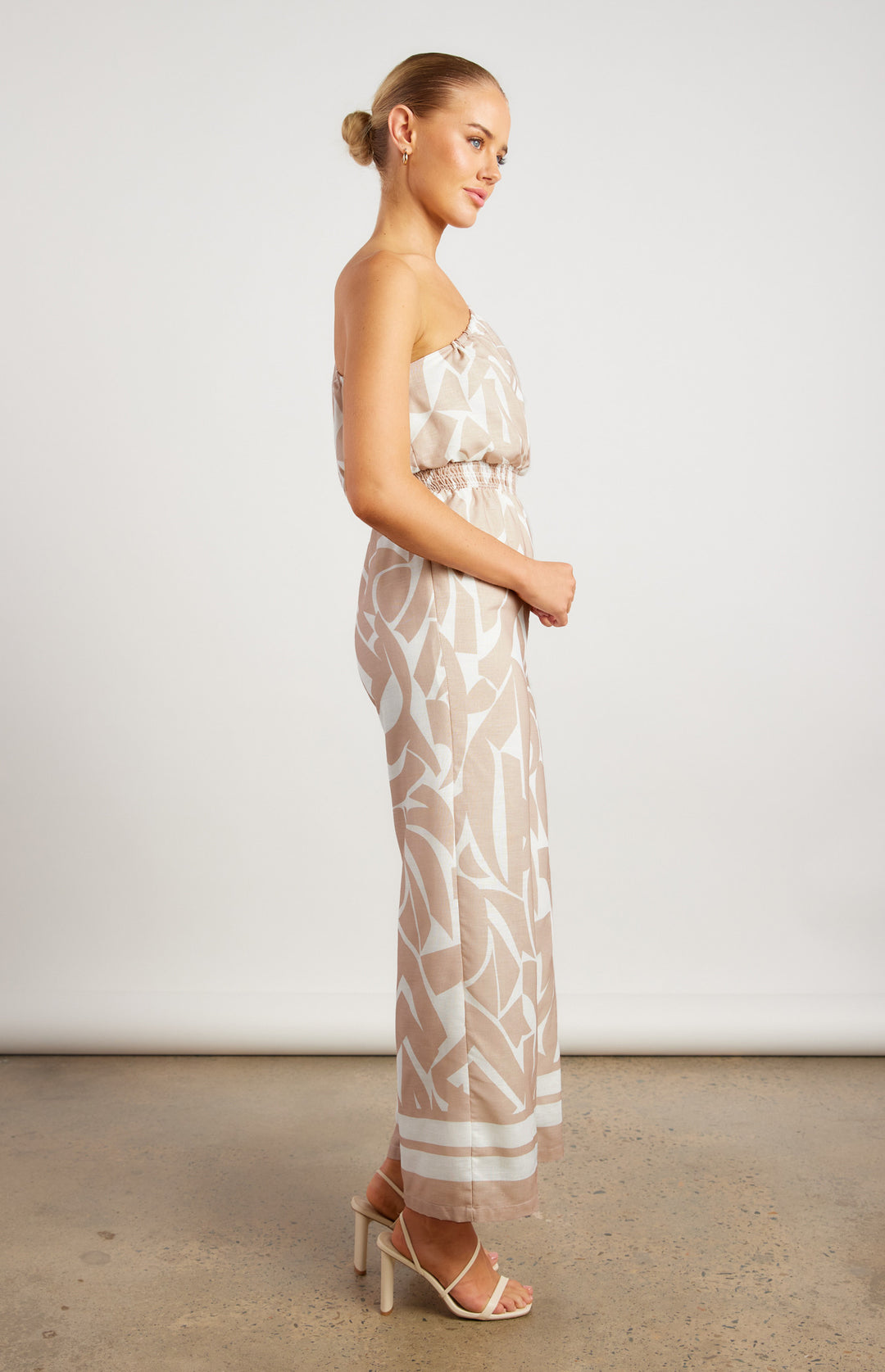 Jumpsuit with Shirred Waist in Beige