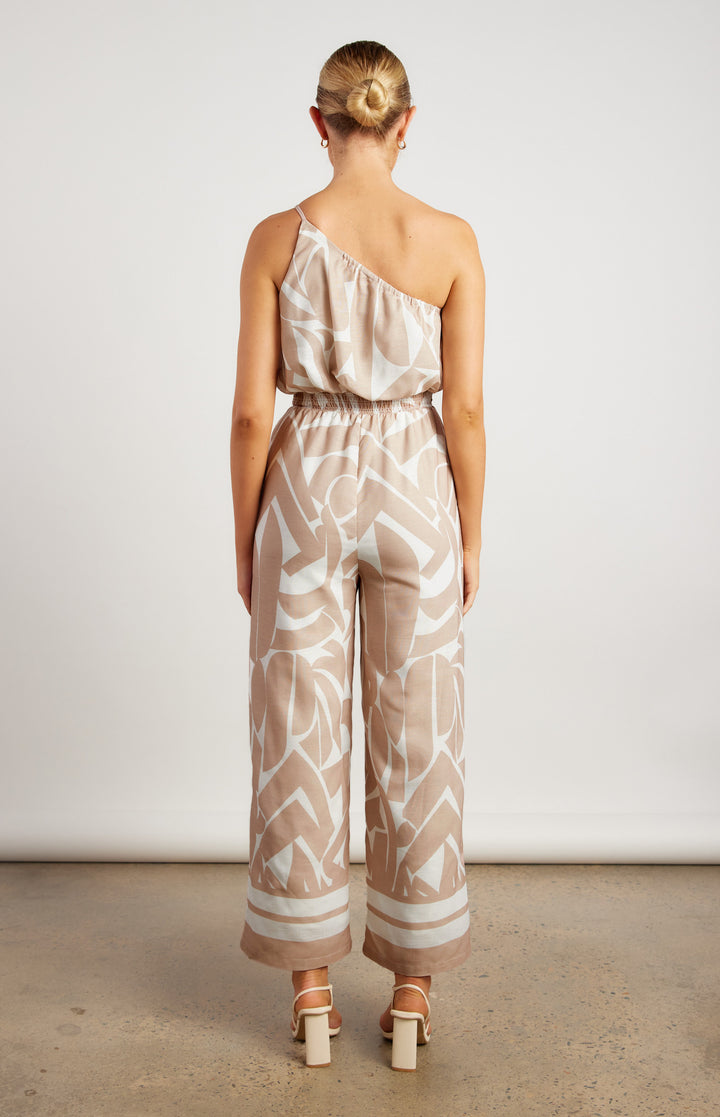 Jumpsuit with Shirred Waist in Beige